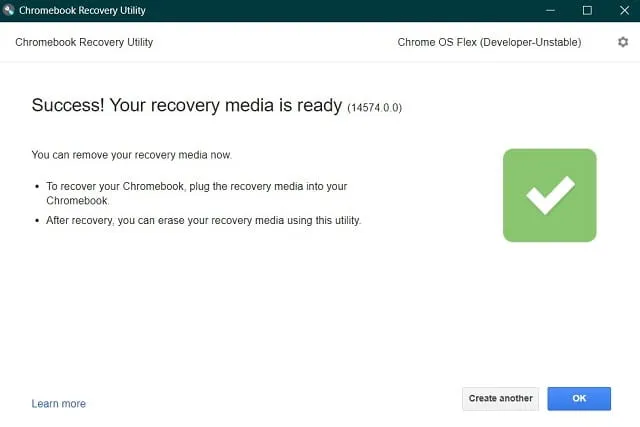 Sucesso – Você criou a imagem de recuperação do Google Chrome OS Flex