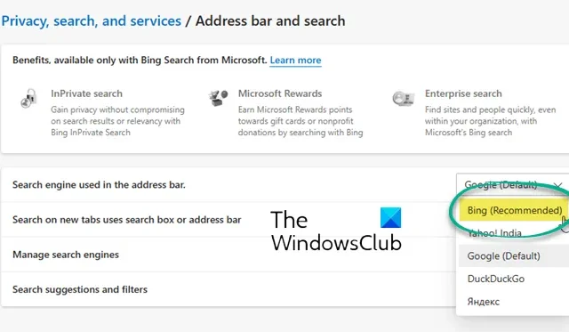 Hoe u kunt overstappen van Google naar Bing on Edge of Chrome op Windows 11/10