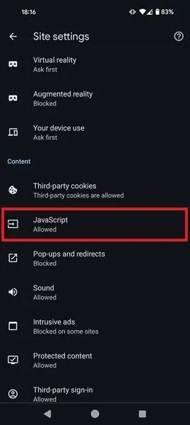 Désactivation de JavaScript dans les paramètres de Chrome pour Android.