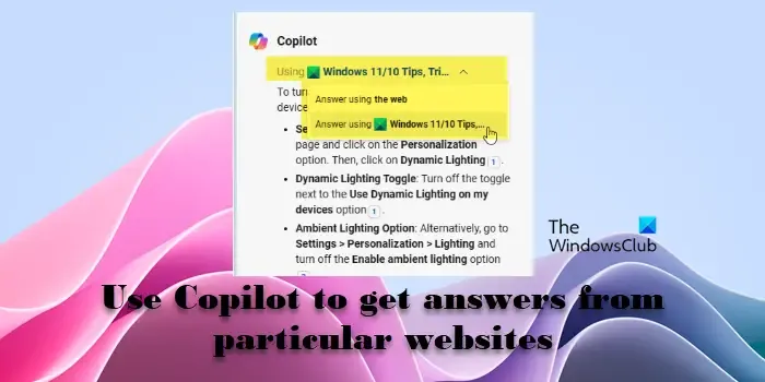 Utilizza Copilot per ottenere risposte da siti Web specifici