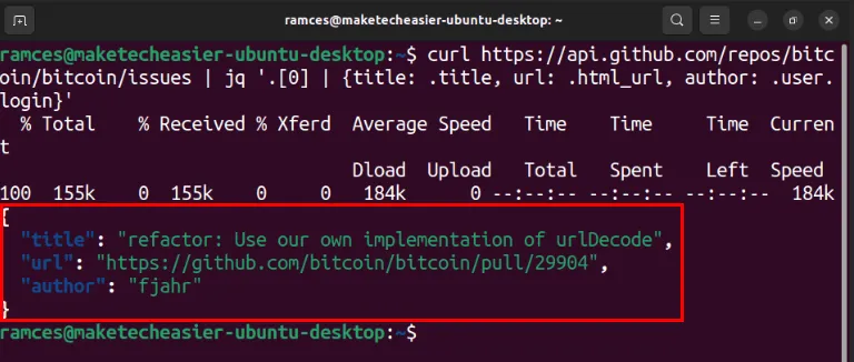 Um terminal mostrando um objeto JSON despojado personalizado da API do Github.