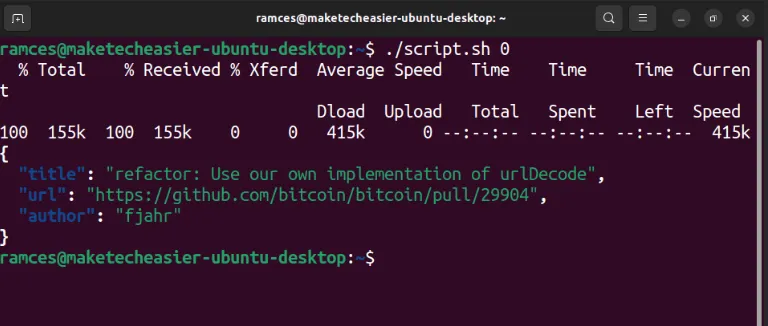 Um terminal mostrando o script personalizado funcionando e imprimindo o problema mais recente do Github.