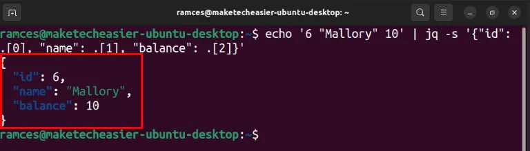 Een terminal die een aangepast JSON-object toont in de indeling van de voorbeelddatabase.