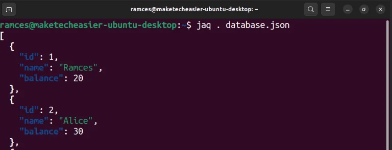 サンプル データベースで jaq が実行されていることを示すターミナル。