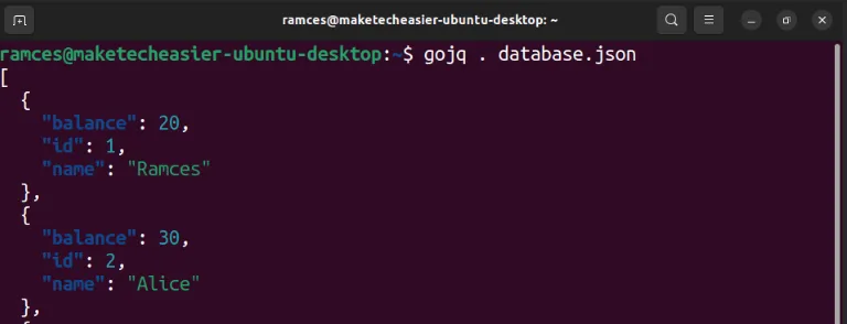 Um terminal mostrando um exemplo de leitura de banco de dados para gojq.
