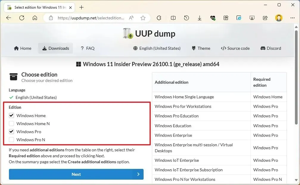 UUP Dump Windows 11-edities