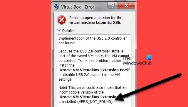 Kon gastsessie niet openen: VERR_NOT_FOUND VirtualBox-fout