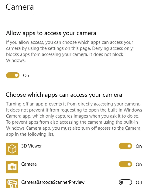 Paramètres pour autoriser les applications à accéder à la webcam