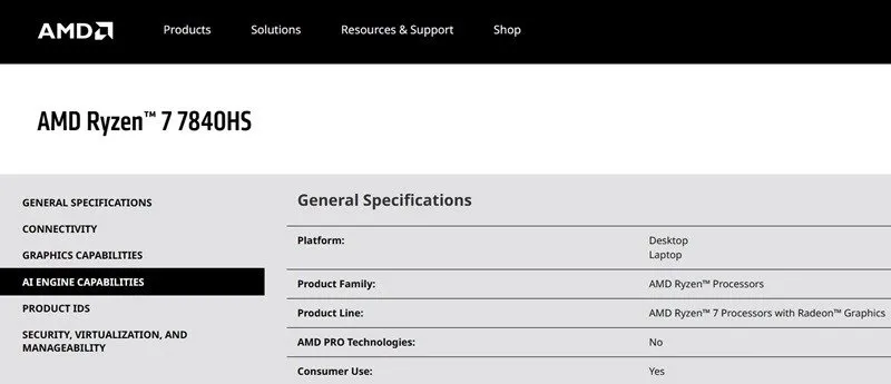 Supporto AI visibile in AMD Ryzen 7 7840HS sul sito Web delle specifiche.
