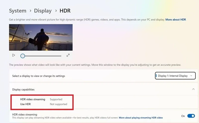 Visualizzazione HDR su un laptop Windows.
