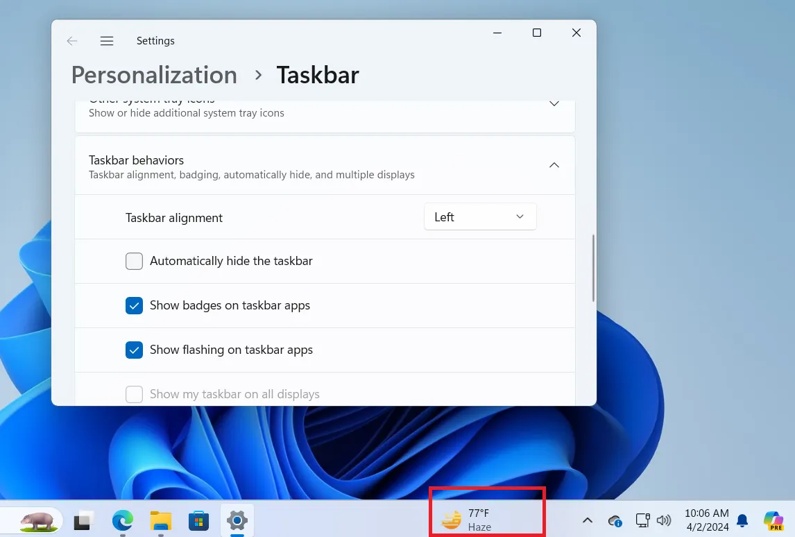 ícone de widgets à esquerda no Windows 11
