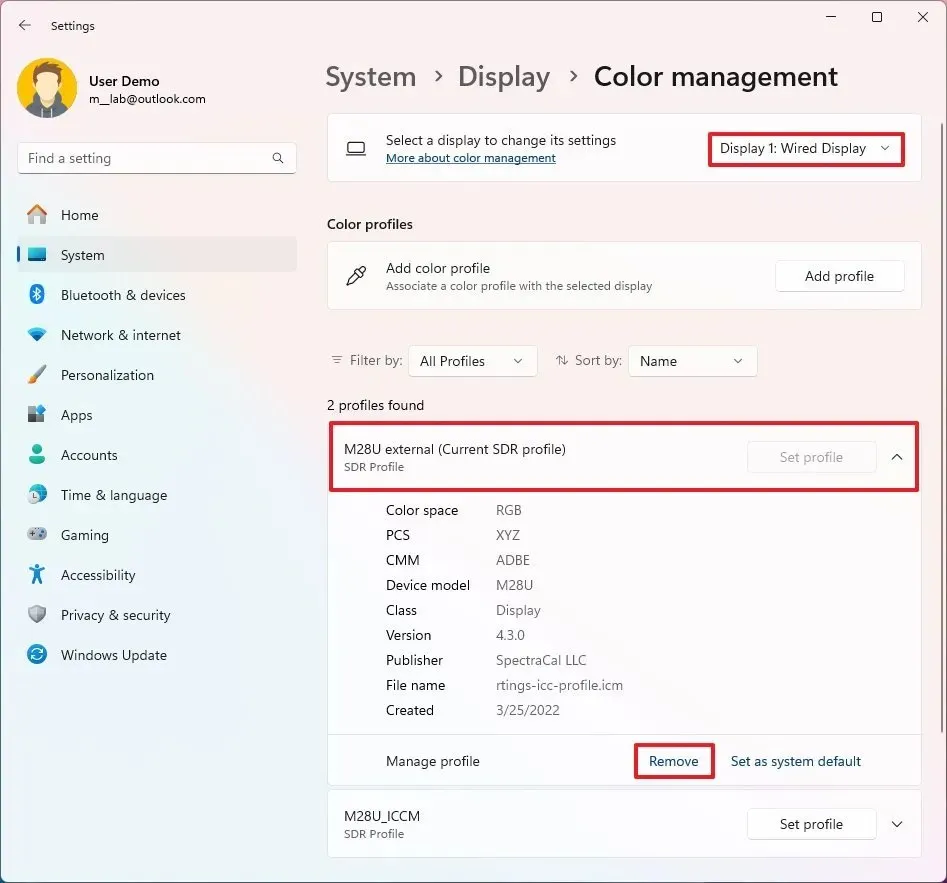 Windows 11 24H2 remover e redefinir perfil de cores