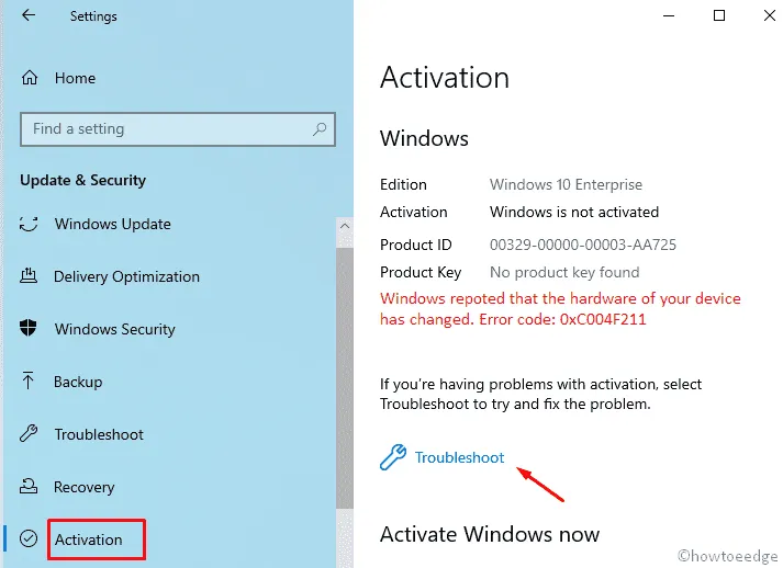 Erreur d'activation de Windows 10 0xC004F211