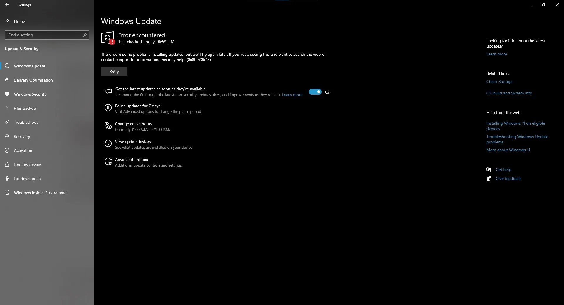 La actualización de Windows 10 KB5034441 falla con 0x80070643