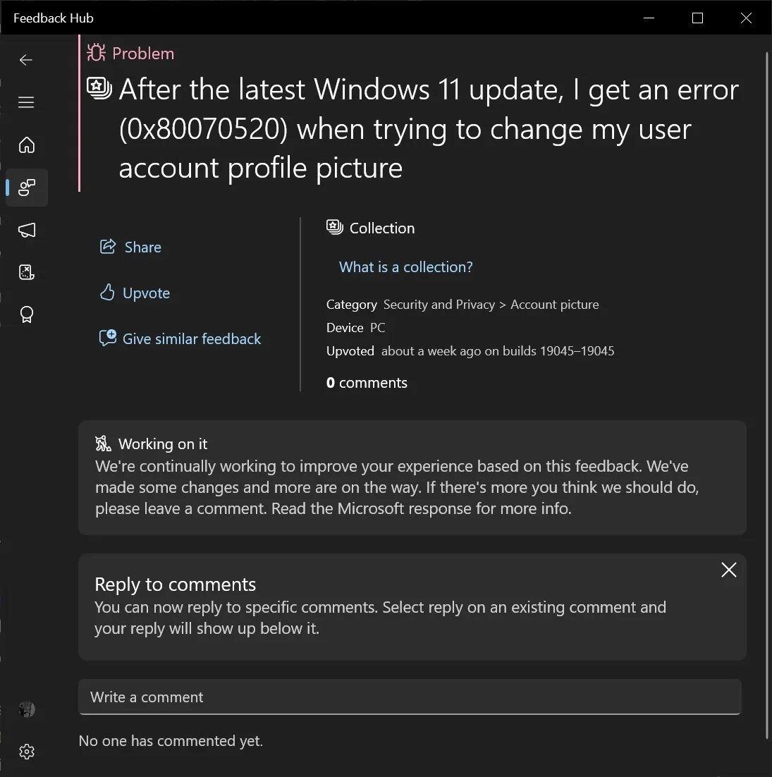 Erreur de photo de profil Windows 11 0x80070520