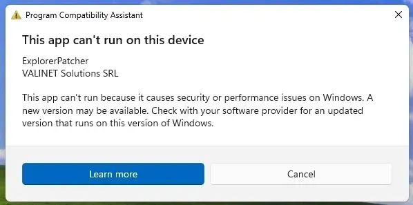 Komunikat o zablokowaniu instalacji aplikacji dla systemu Windows 11