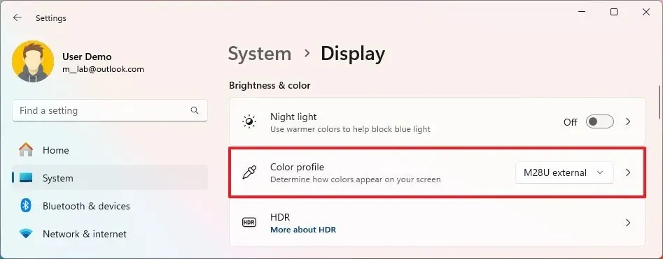 Configurações do perfil de cores 24H2 do Windows 11