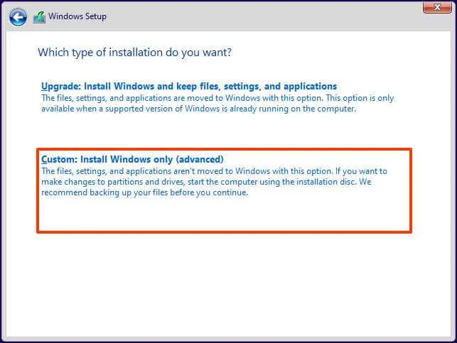 Benutzerdefinierte Installationsoption für Windows 11