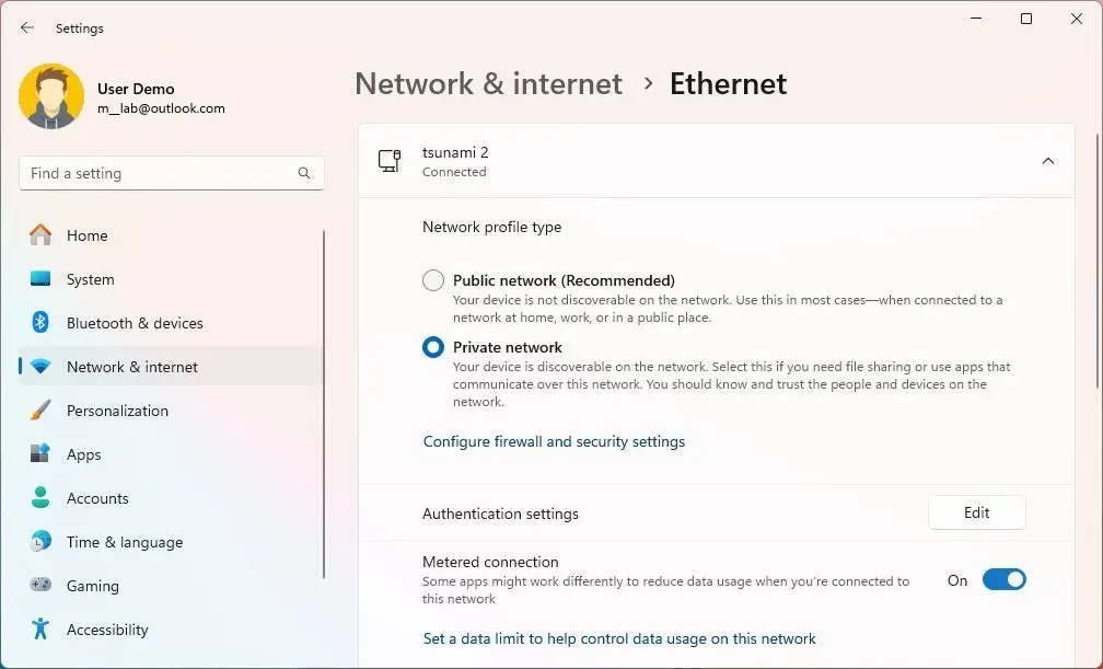 Conexão de rede medida do Windows 11