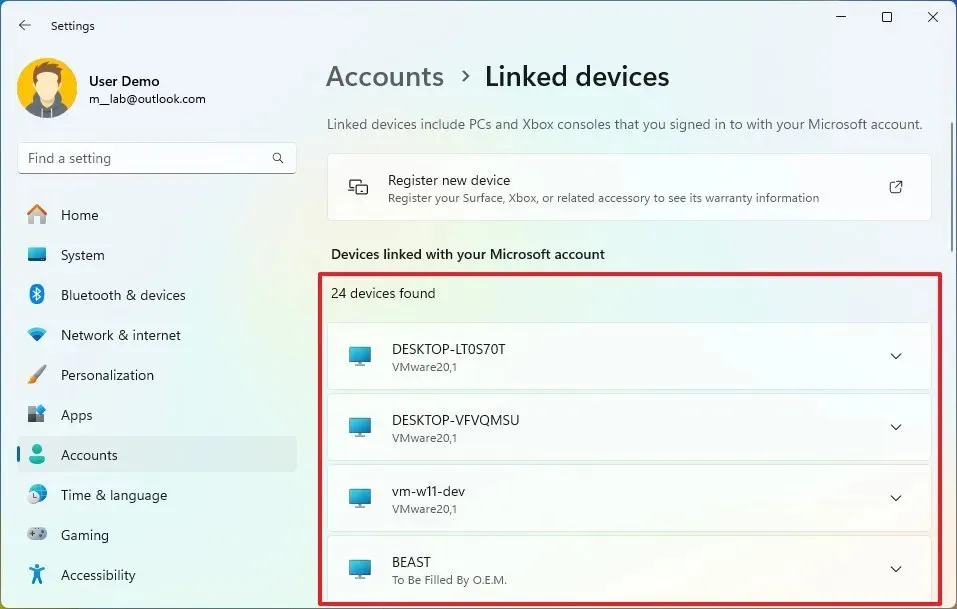 Dispositivos vinculados a una cuenta de Microsoft