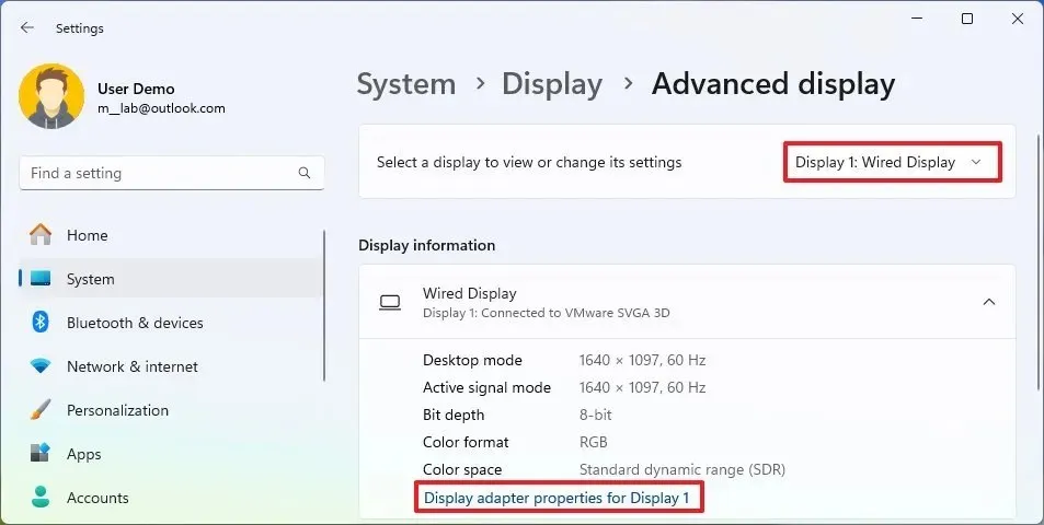 Configurações do adaptador de vídeo aberto do Windows 11