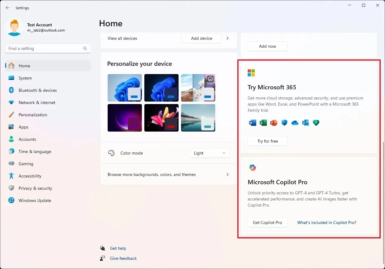 Instellingen Home Microsoft 365 en Copilot promo