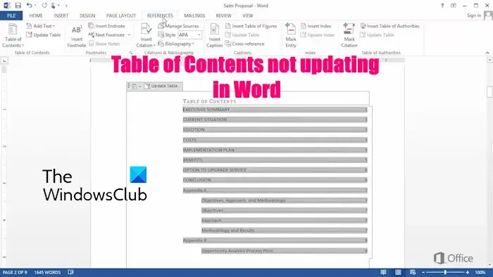 La tabla de contenidos de Word no se actualiza