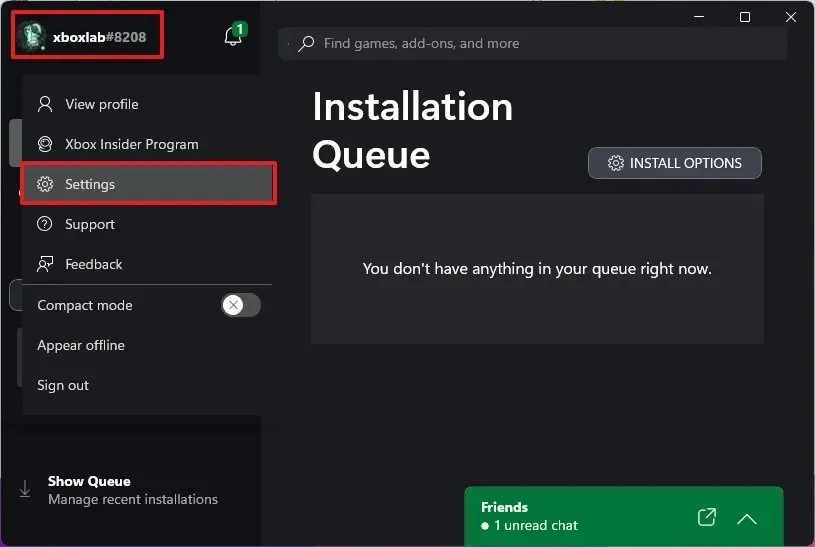 Configuración abierta de la aplicación Xbox