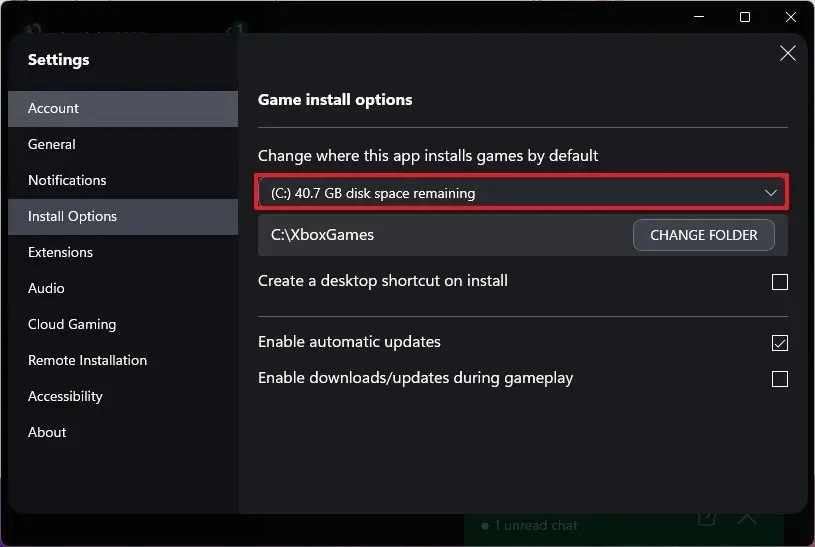Xbox 앱 변경 게임 설치 드라이브