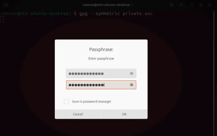 顯示 GPG 中對稱加密的密碼提示的螢幕截圖。