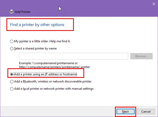 Agregue una impresora usando una dirección IP o nombre de host