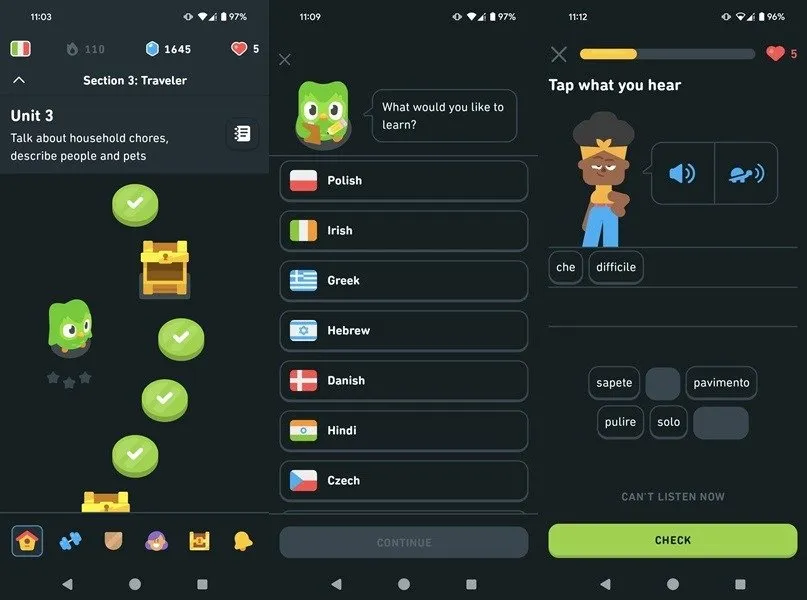 Przegląd interfejsu aplikacji Duolingo.