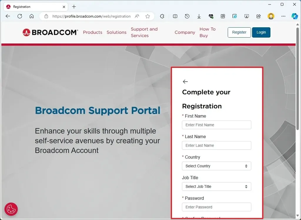Formularz rejestracyjny firmy Broadcom