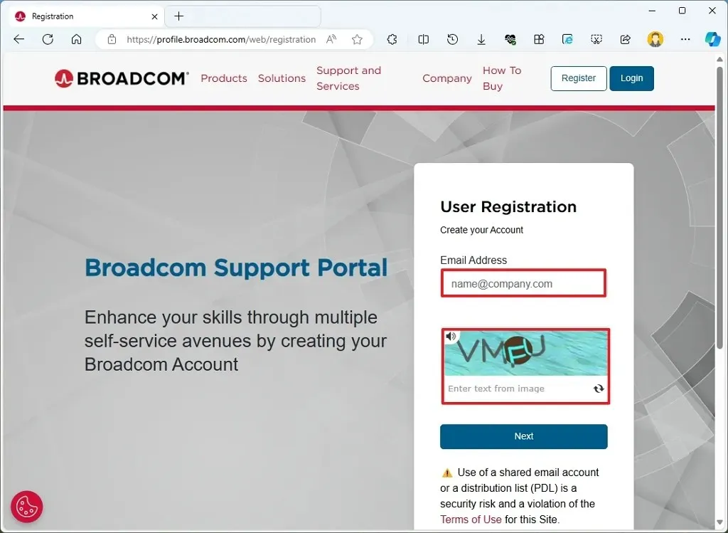 Rejestracja Broadcom dla VMware