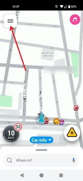 Toccando il menu hamburger nell'app Waze dalla schermata di navigazione.