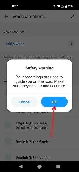 Kliknięcie OK w ostrzeżeniu dotyczącym bezpieczeństwa w aplikacji Waze.