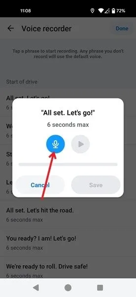 Waze 앱에서 문구 녹음을 시작하려면 마이크 아이콘을 탭하세요.
