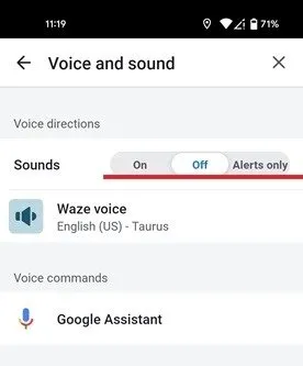 Attivazione e disattivazione di Waze Sounds nelle impostazioni dell'app.