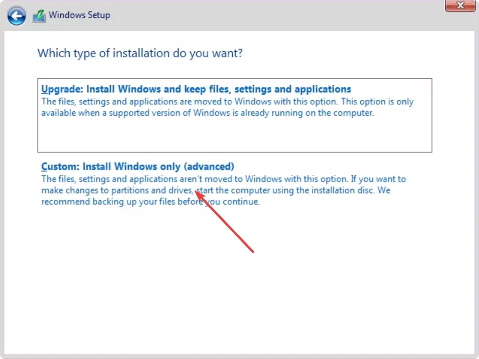 elegir la configuración personalizada de Windows