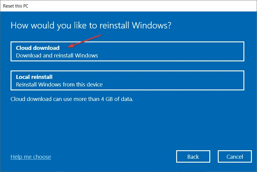 escolha download na nuvem do Windows 10