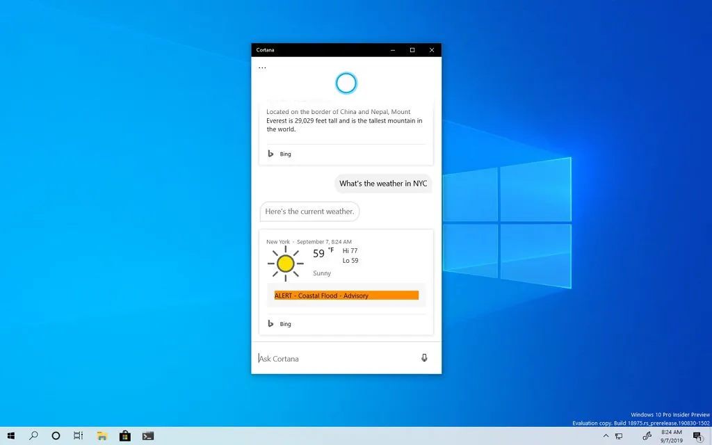 Janela de arrastar e redimensionar Cortana