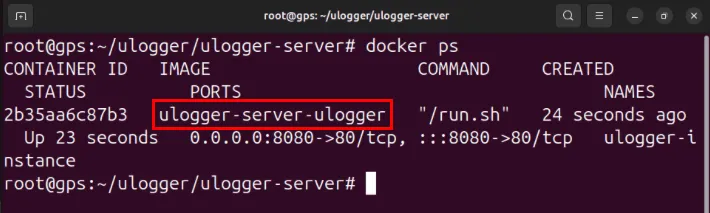Terminal podświetlający działający kontener Docker serwera ulogger.