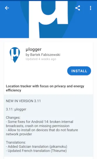 顯示適用於 Android 的 ulogger GPS 用戶端的螢幕截圖。