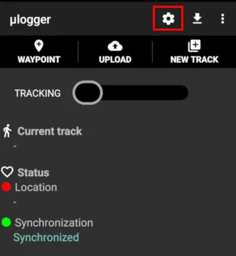 Uno screenshot che evidenzia l'icona a forma di ingranaggio sull'app mobile di ulogger.