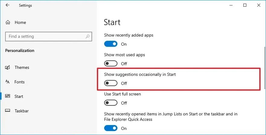 Paramètres de suggestions d'applications du menu Démarrer de Windows 10
