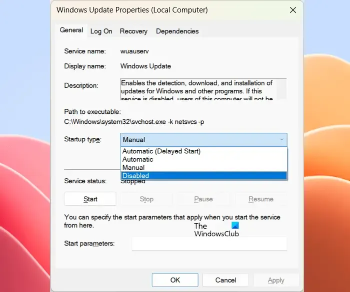 Wyłącz usługę Windows Update