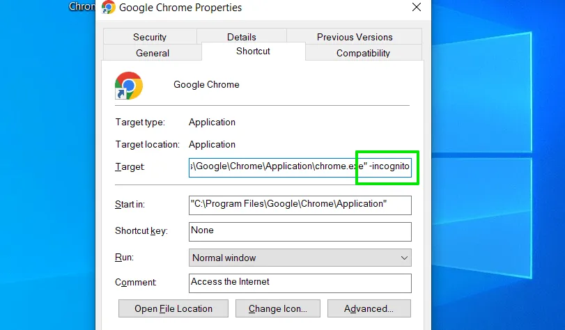 Modifica la modalità di navigazione in incognito del collegamento Chrome