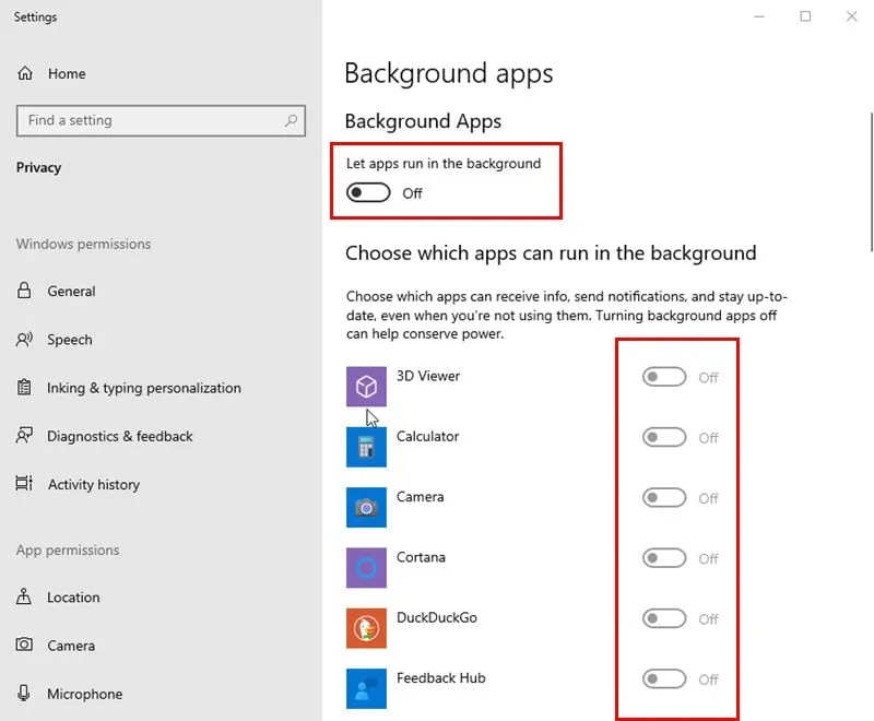 Windows 백그라운드 앱 설정에서 종료