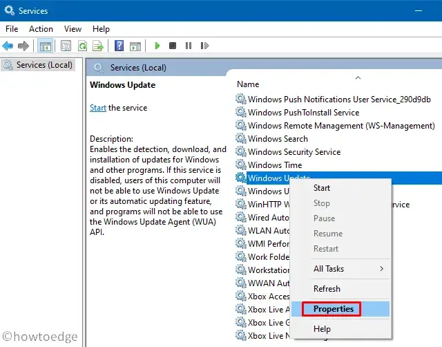 Error 0x80070057 en Windows 10 - Actualizar propiedades del servicio
