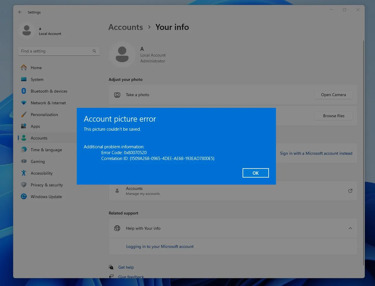 error al cambiar la imagen de la cuenta de usuario en Windows 11 después de la actualización KB5036893